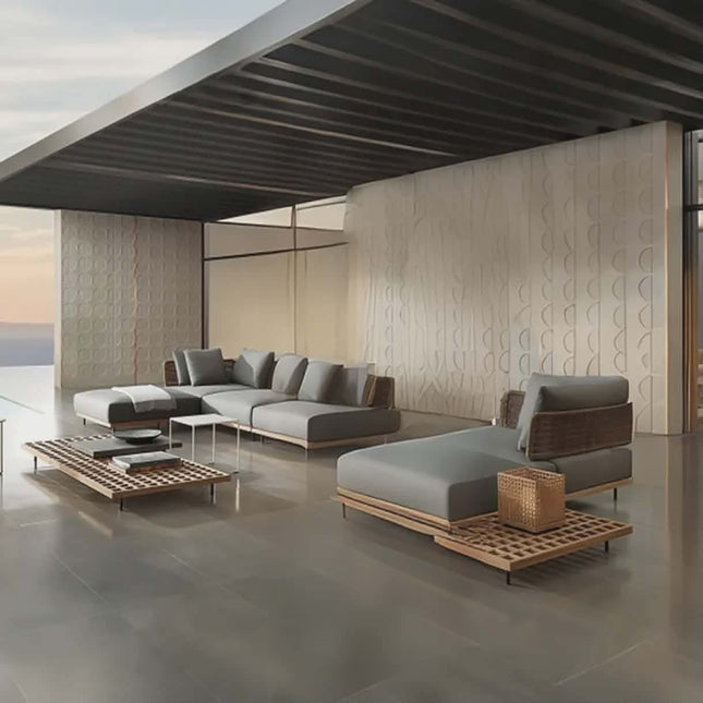 Modern outdoor furniture set with a neutral color palette in an open-air setting.