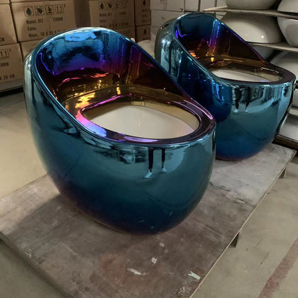 Metallisch blaue, eiförmige Toilettenschüssel aus Porzellan, galvanisiert