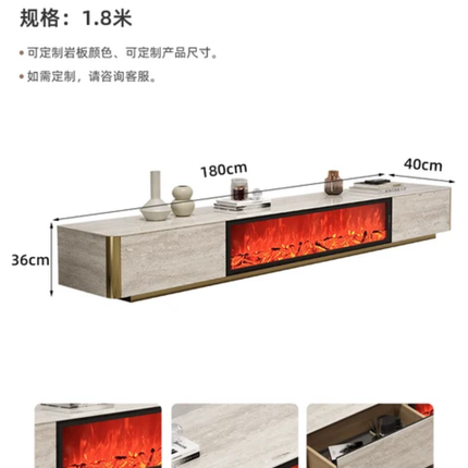 TV cabinet with fireplace design, dimensions shown, on a white background