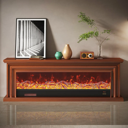 Wooden electric fireplace with decorative items on a shelf against a beige wall.