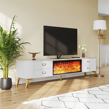 Modern living room with a white entertainment console featuring a TV and electric fireplace.
