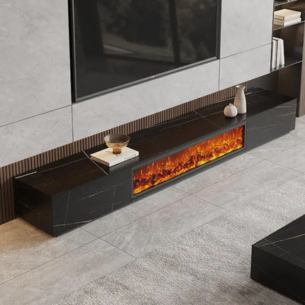 Modern living room with a built-in electric fireplace below a television.