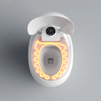 Modern toilet seat with digital display and glowing circular light on a gray background