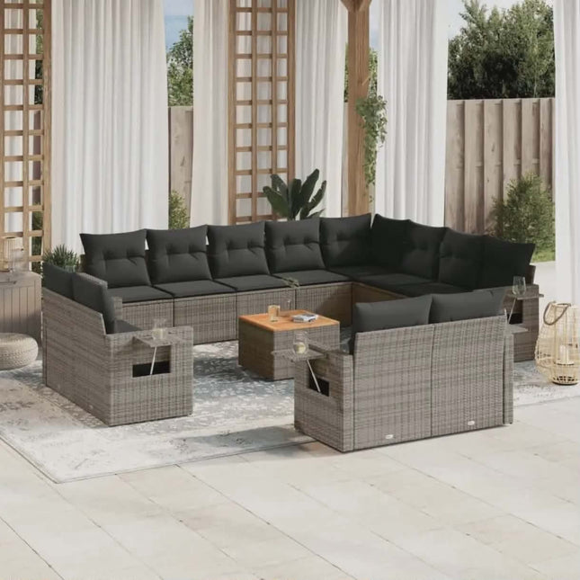 Outdoor patio furniture set with a sectional sofa and coffee table on a wooden deck.