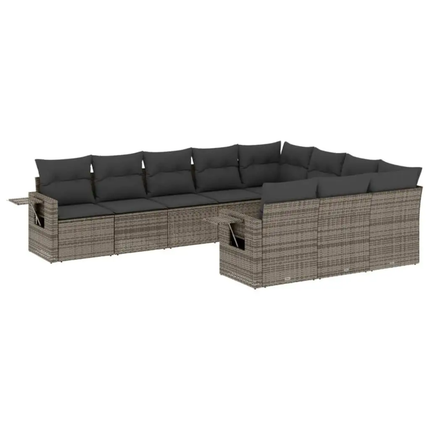 Outdoor furniture set with gray cushions on a white background
