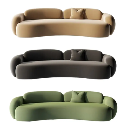 Three different colored sofas displayed vertically on a white background.