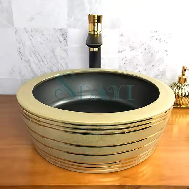 Matte tabletop Black and Gold Round Tabletop Basin Countertop Porcelain