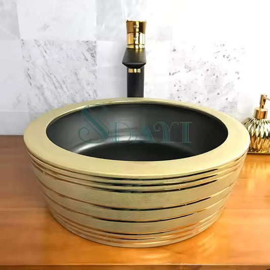 Matte tabletop Black and Gold Round Tabletop Basin Countertop Porcelain