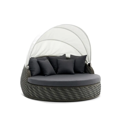 Modern outdoor chair with canopy and cushions on a white background