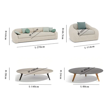 Dimensions of a sofa set and two coffee tables on a white background
