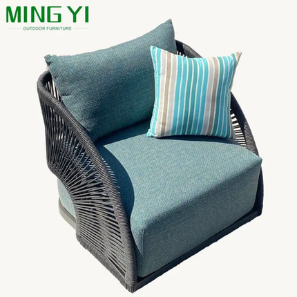 Teal outdoor chair with cushions on a white background, featuring the MING YI brand.