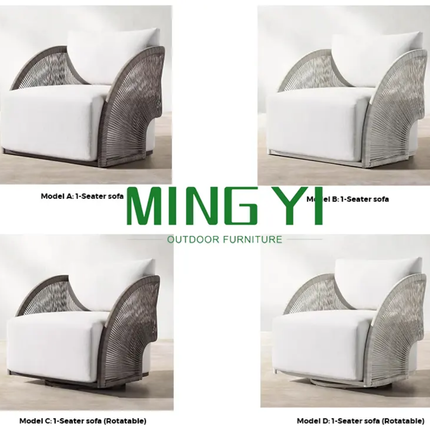 Ming Yi outdoor furniture with different models on a neutral background