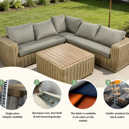Outdoor wicker sectional sofa with cushions on a patio, featuring customization options.