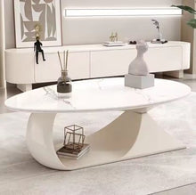 Charger l&#39;image dans la galerie, Cream Round Wood Color Shaped Coffee Table Small Apartment Living Room Oval Rock Panel Coffee Table
