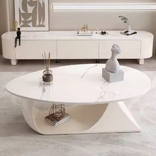 Charger l&#39;image dans la galerie, Cream Round Wood Color Shaped Coffee Table Small Apartment Living Room Oval Rock Panel Coffee Table
