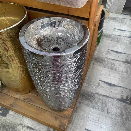 Silbernes rundes Porzellan-Shampoowaschbecken, freistehend, mit Sockel