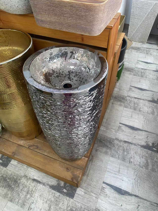 Silver Round Porcelain Shampoo Sink  Stand Alone Pedestal