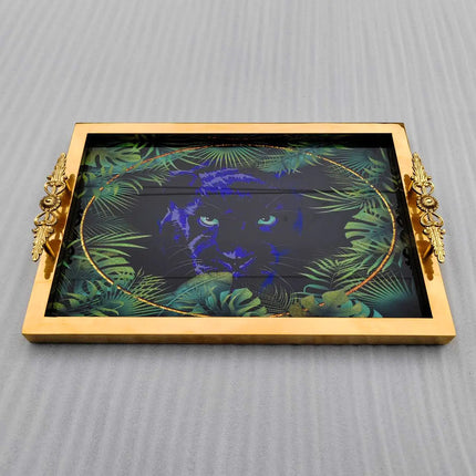 Decorative tray with gold frame and jungle-themed design on a gray background

gold serving tray
panther decorative tray
luxury tray with handles
glass serving tray gold
coffee table tray decor
modern decorative tray
luxury home accessories
rectangular serving tray

