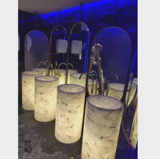 Modern Luxury Alabaster Stone Pedestal Basin – Elegant Illuminated Wash Sink