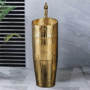 Elegant Golden Ceramic Pedestal Sink – Modern Floor Mounted Luxury Bathroom Basin
