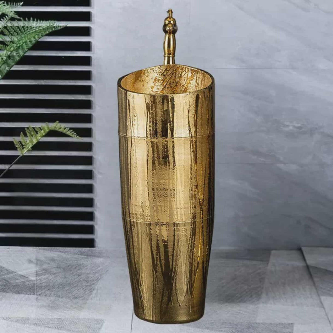 Elegant Golden Ceramic Pedestal Sink – Modern Floor Mounted Luxury Bathroom Basin