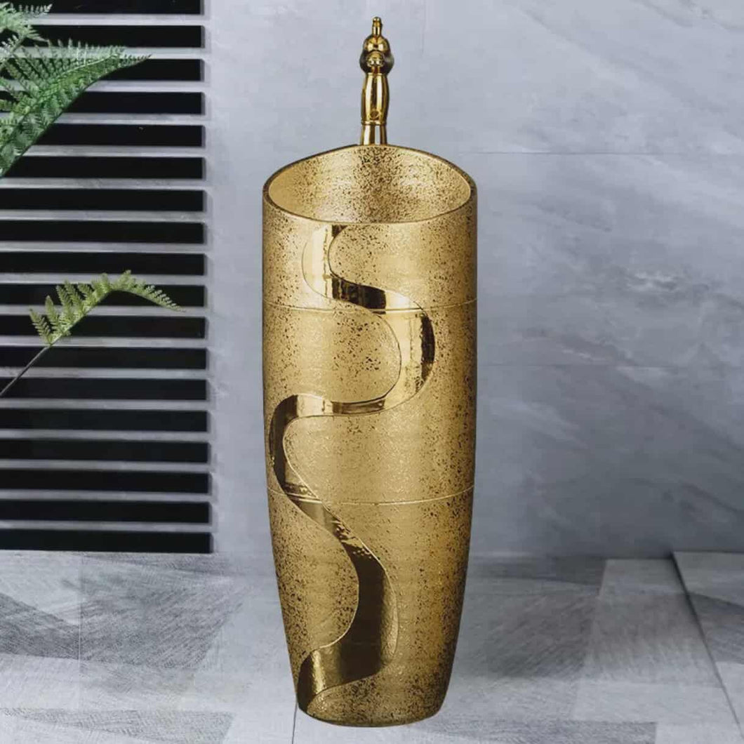 Modern Gold Wave Design Ceramic Pedestal Sink – Luxury Floor Standing Bathroom Basin  SEO Product Description: