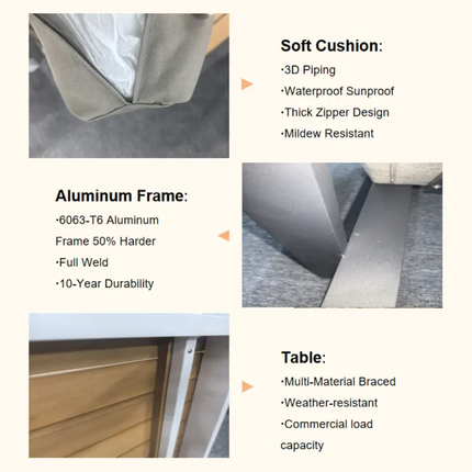 Product features including soft cushion, aluminum frame, and table with text descriptions.