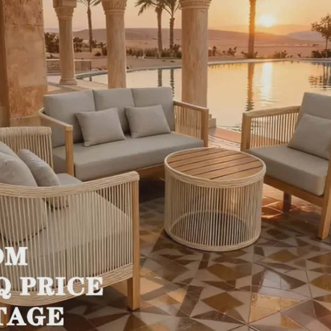 Outdoor furniture set by a pool with sunset view, featuring 'OEM/ODM FULL HQ PRICE ADVANTAGE' text.