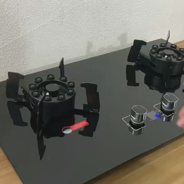 A modern MK12 heavy duty gas stove displayed on a kitchen counter, showing its burners in use with steady blue flames and a durable, sleek contemporary design.