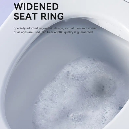 Widened seat ring of a toilet with text on ergonomic design and weight capacity.