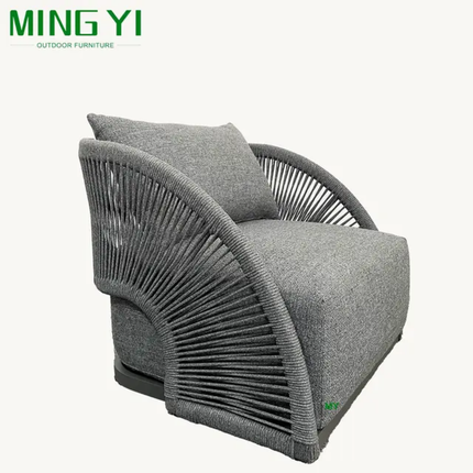 Gray outdoor chair with fan-like backrest on a white background, branded as MING YI.
