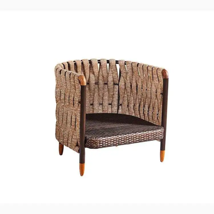 Woven chair with wooden accents on a white background