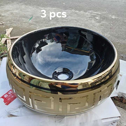 Porzellan-Tischplatte, Medusa-Rundwaschbecken, schwarz-gold galvanisierte Arbeitsplatte, moderne Ausführung