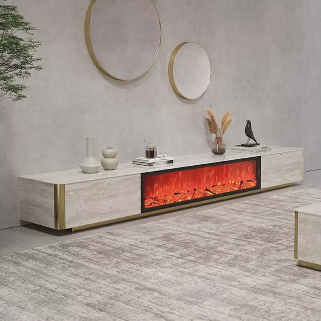 Modernist Luxe Flame Display An Elegant Fireplace Console with Gold Accents and Circular Mirrors.