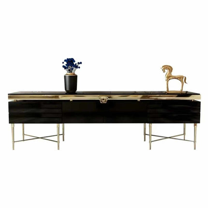 Luxurious Glass and Stainless Steel Medusa Versace Black & Gold Rectangle TV Rack with Durable x Legs