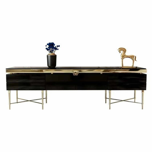 Luxurious Glass and Stainless Steel Medusa Versace Black & Gold Rectangle TV Rack with Durable x Legs