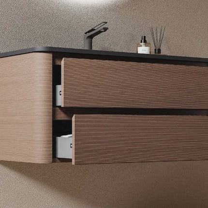 Minimalist fluted wood floating bathroom vanity paired with round LED backlit mirror for modern clean style