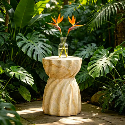 Beige Modern Twisted Textured End Table-Indoor/Outdoor Accent Table For Sofa Bedside & Garden Use in Apartment & Workshop