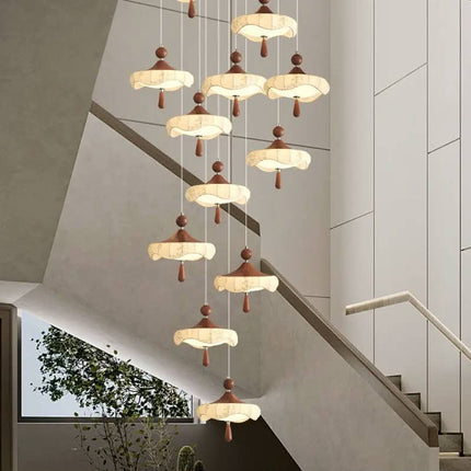 Staircase High Ceiling Chandelier Minimalist Villa Duplex Loft Stairs Hanging Lights Walnut Wood Color Chandelier Lighting