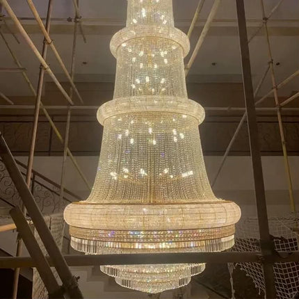 Multi Tier Conical Tower Crystal Strand Chandelier Gold Frame Full Layer Waterfall Hanging Light LED 3-Year Warranty Hotel Lobby