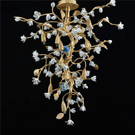 Luxury Copper Tree Branch Ceiling Light Handmade Ceramic Flower Bird Chandelier 2-in-1 Semi-Flush Pendant Light for Villa Hotel