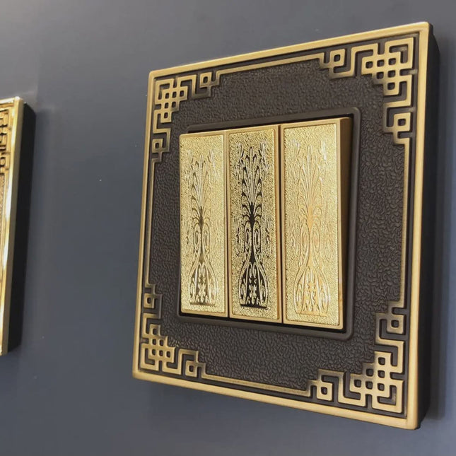 Vintage Luxury Gold Decorative Triple Light Switch Panel with Ornate Asian-Inspired Frame