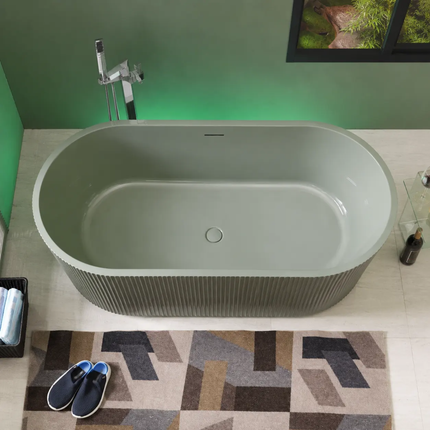 Boutique Mint Green Freestanding Soaking Bathtub for Designer Villa Project 1700mm Ribbed Fluted Surface Acrylic Oval Seamless