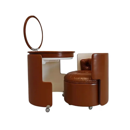 Italian Luxury Modern Solid Wood Stainless Steel Vanity Set Dressing Table With Flip Mirror Leather Seat Storage Chair Bespoke