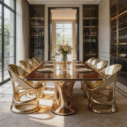 Modern Luxury Dining Table Set Gold Fiberglass Frame Glossy Marble Top Furniture
