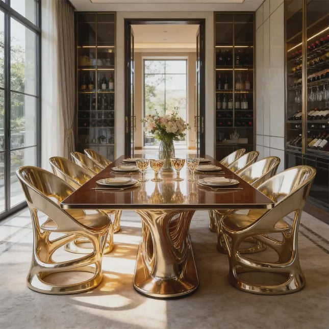 Modern Luxury Dining Table Set Gold Fiberglass Frame Glossy Marble Top Furniture