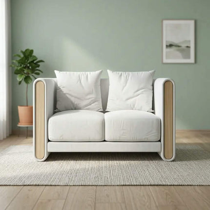 Minimalist Two Seat Sofa with Fabric Upholstery And Wooden Arms For Living Room
