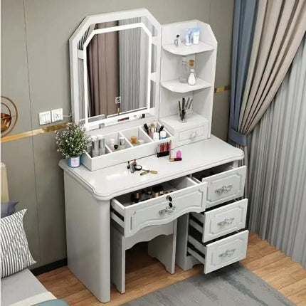 Modern White Wood Makeup Dressing Table With LED Light Large Mirror Cushioned Stool Panel Style Drawers For Bedroom