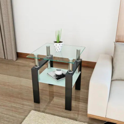Square Tempered Glass End Side Table With Metal Frame Modern 2-Tier Coffee Table For Living Room Bedroom