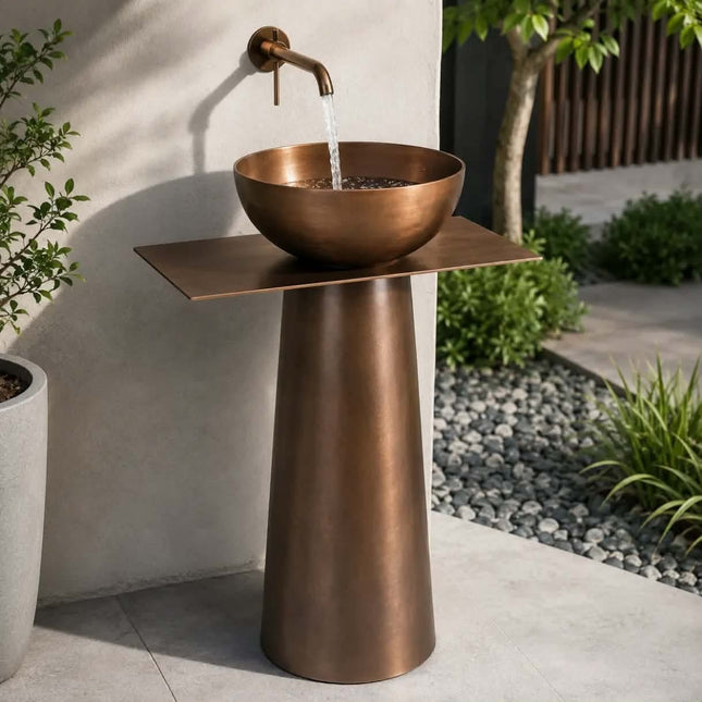 304 Stainless Steel Freestanding Outdoor Sink Separate Pedestal Vessel Shaped Basin Integrated Panel Hand Wash Bowl Drainer